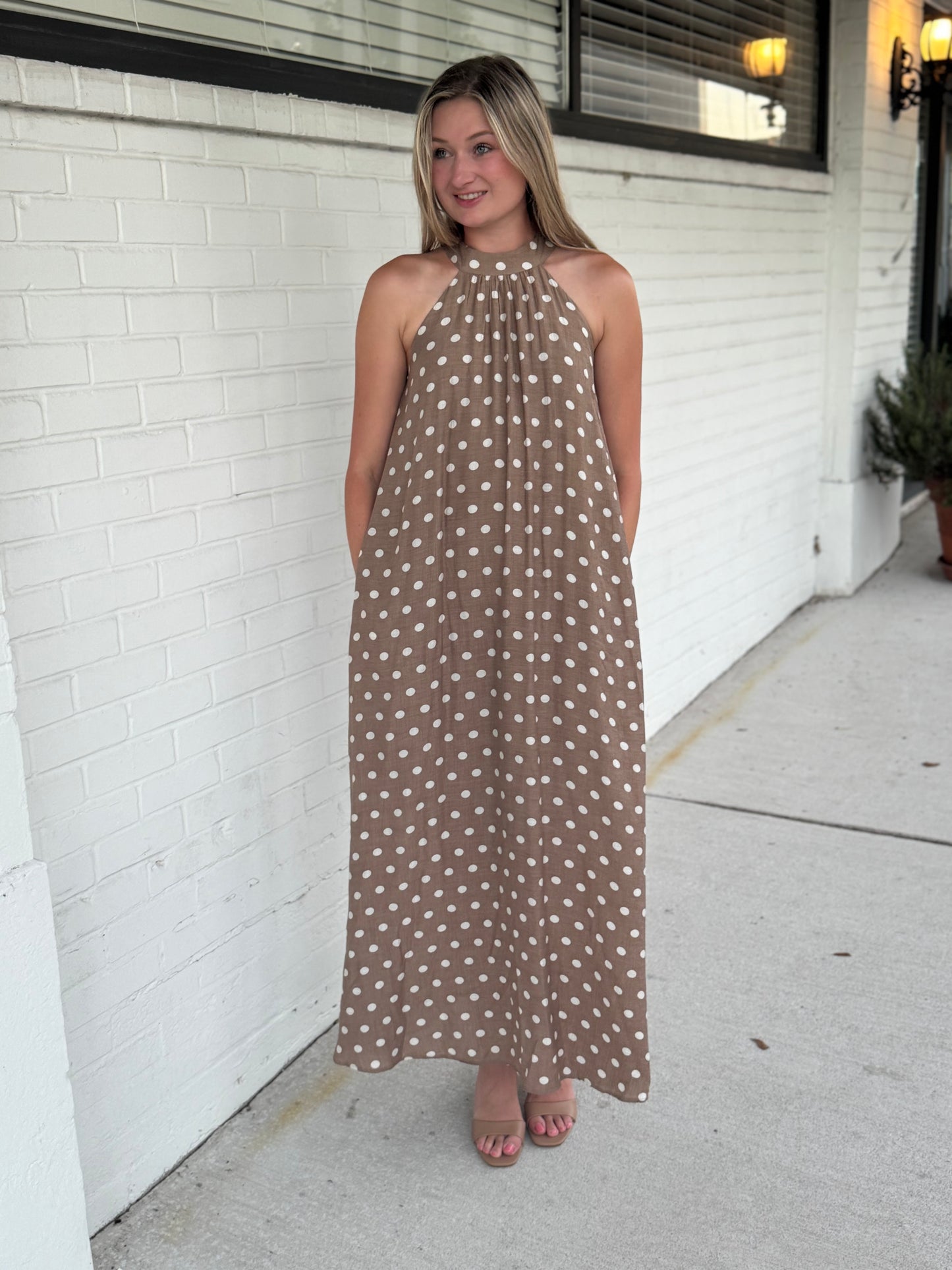 Ava High Neck Tan Maxi Dress