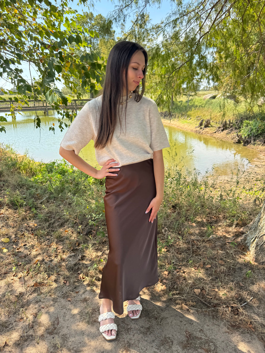 Elsie Brown Satin Midi Skirt