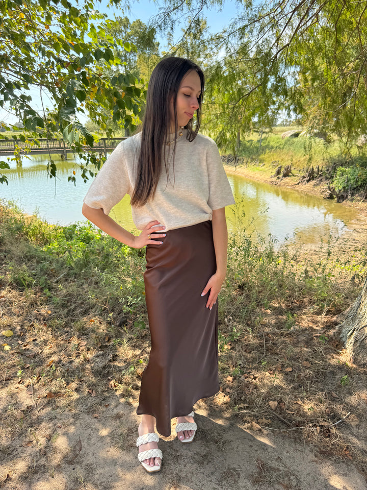 Elsie Brown Satin Midi Skirt