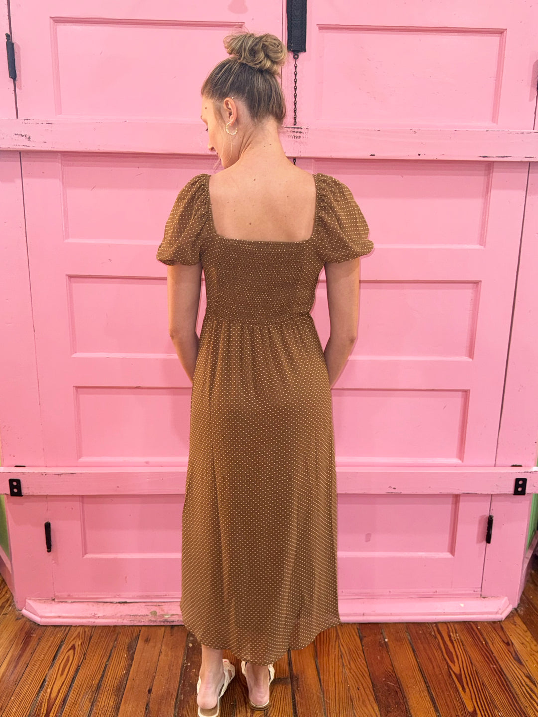 Nina Brown Polka Dot Midi Dresss