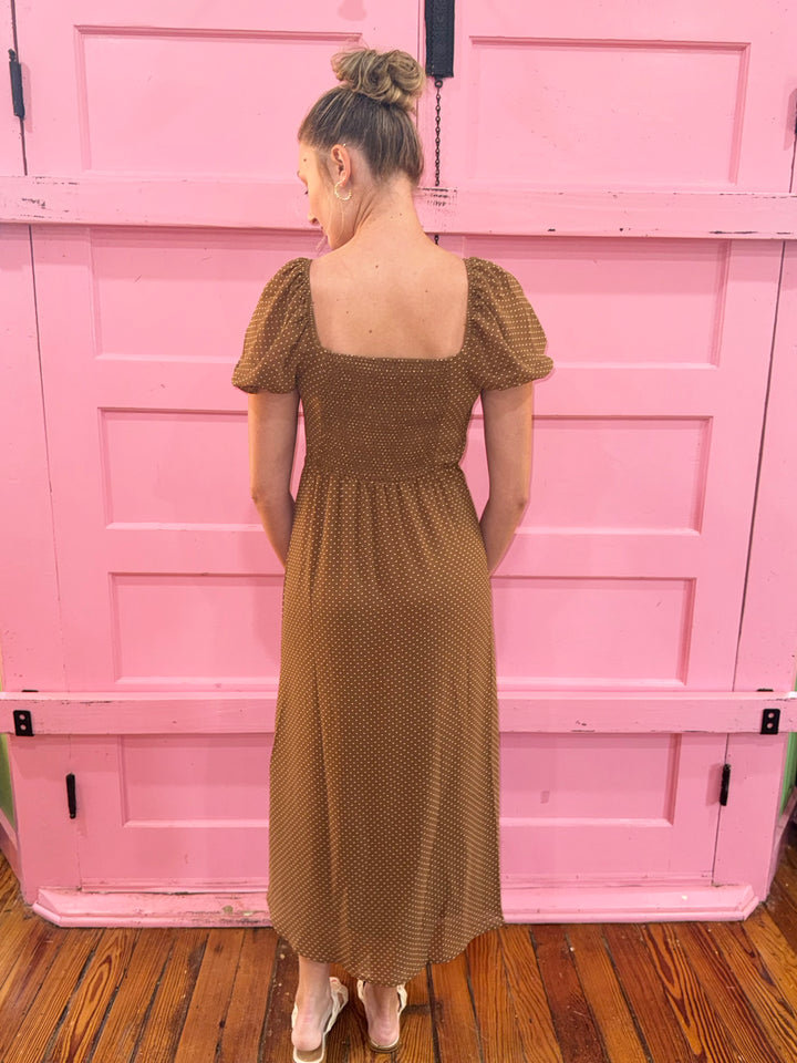 Nina Brown Polka Dot Midi Dresss
