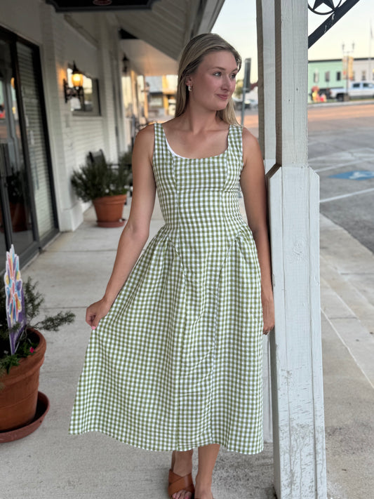 Callie Green Basque Waist Midi Dress