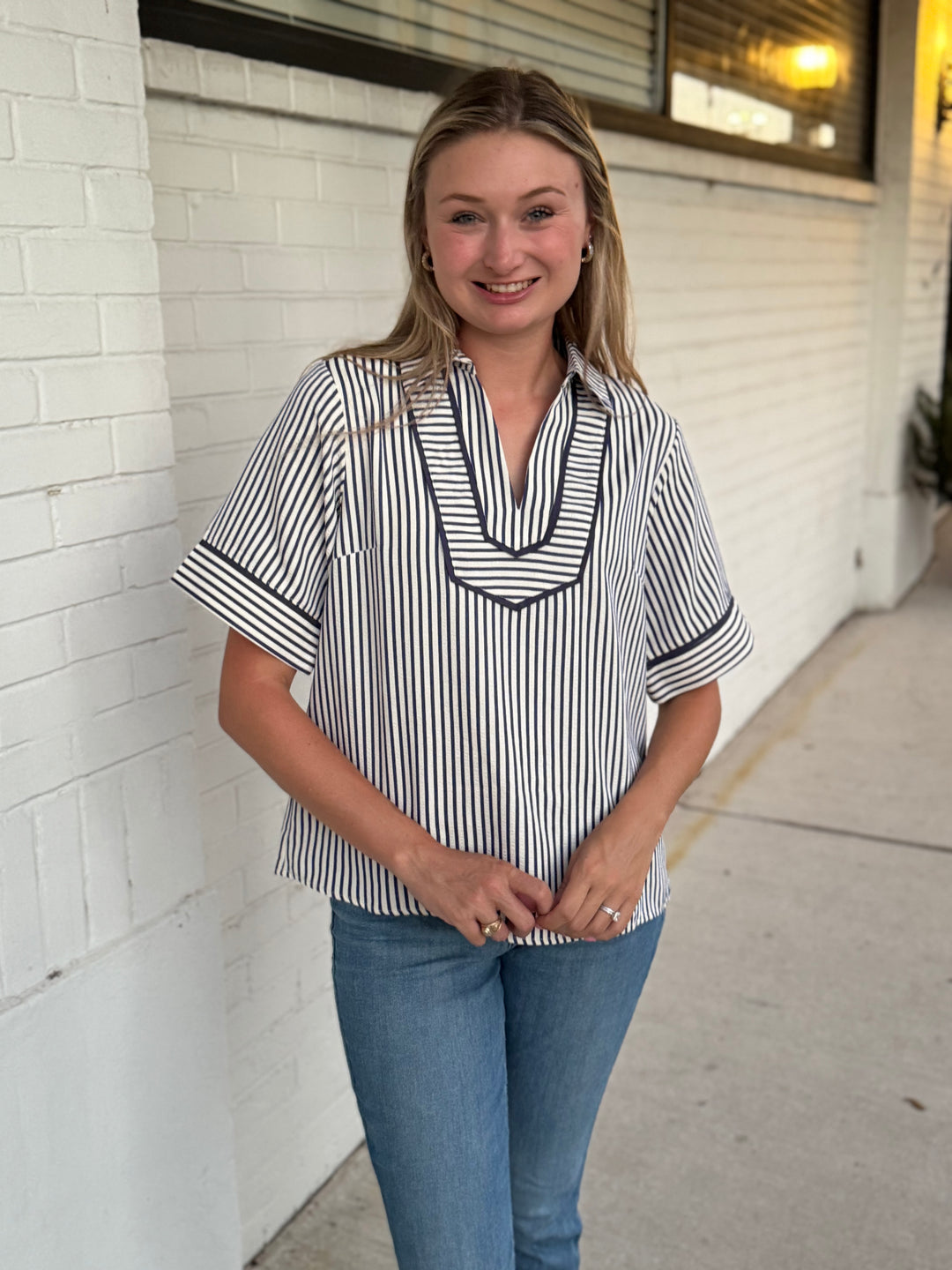 Lainey Blue Collared Stripe Top