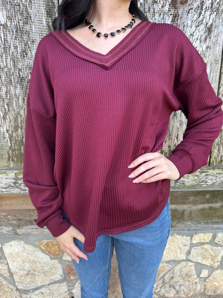 Kelsey Maroon Ribbed Long Sleeve Top