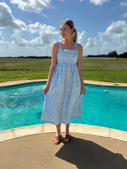 Blue dressy square neck midi dress