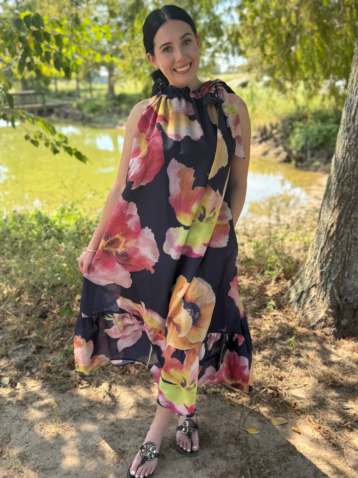 Eva Navy Tie Neck Floral Dress