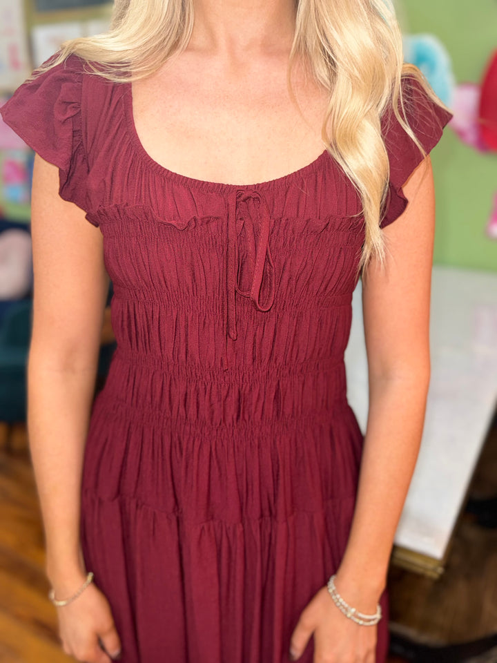 PREORDER Falling Leaves Maroon Scoop Neck Dress