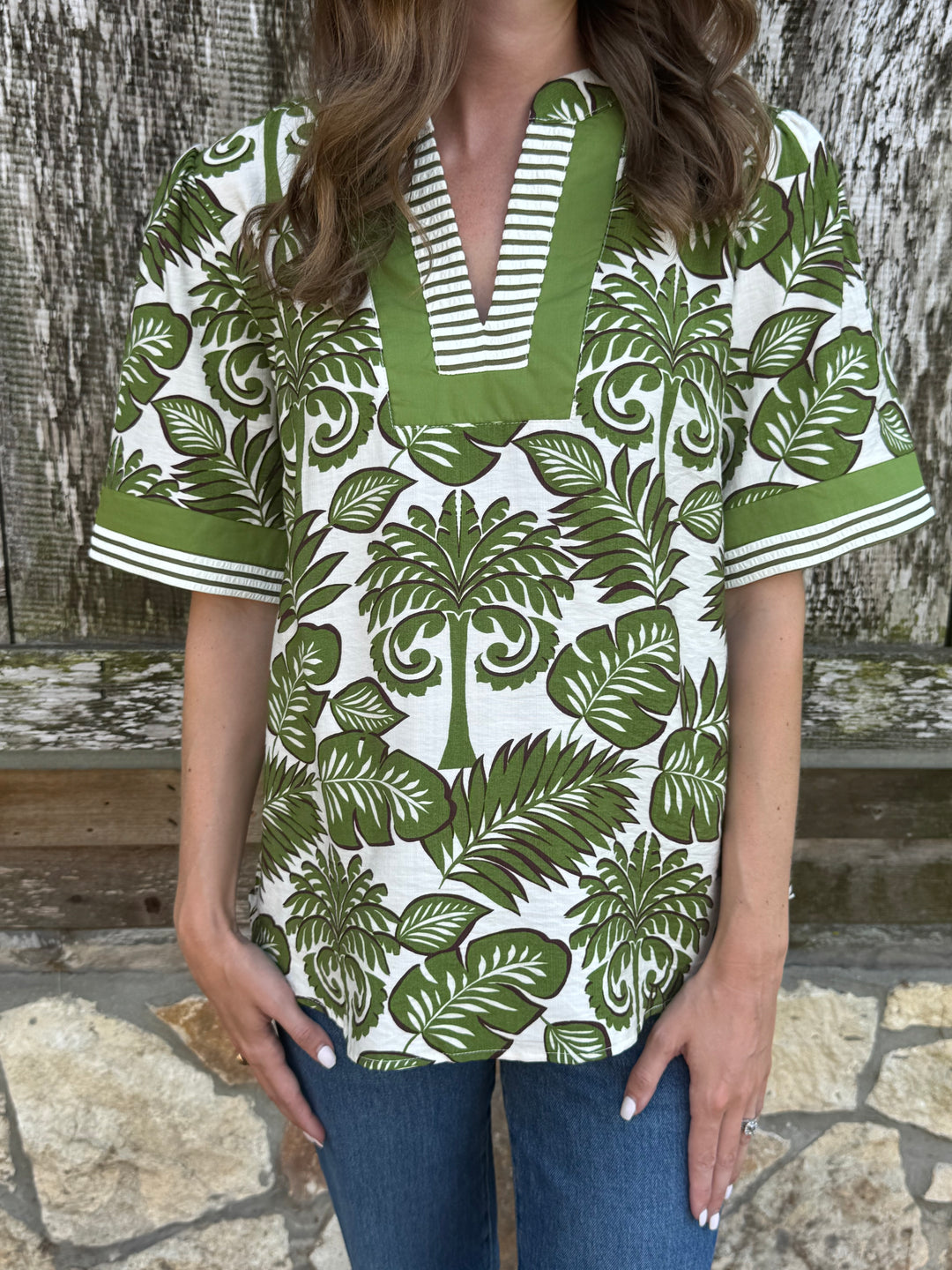 Cara Green Leaf Pattern Top