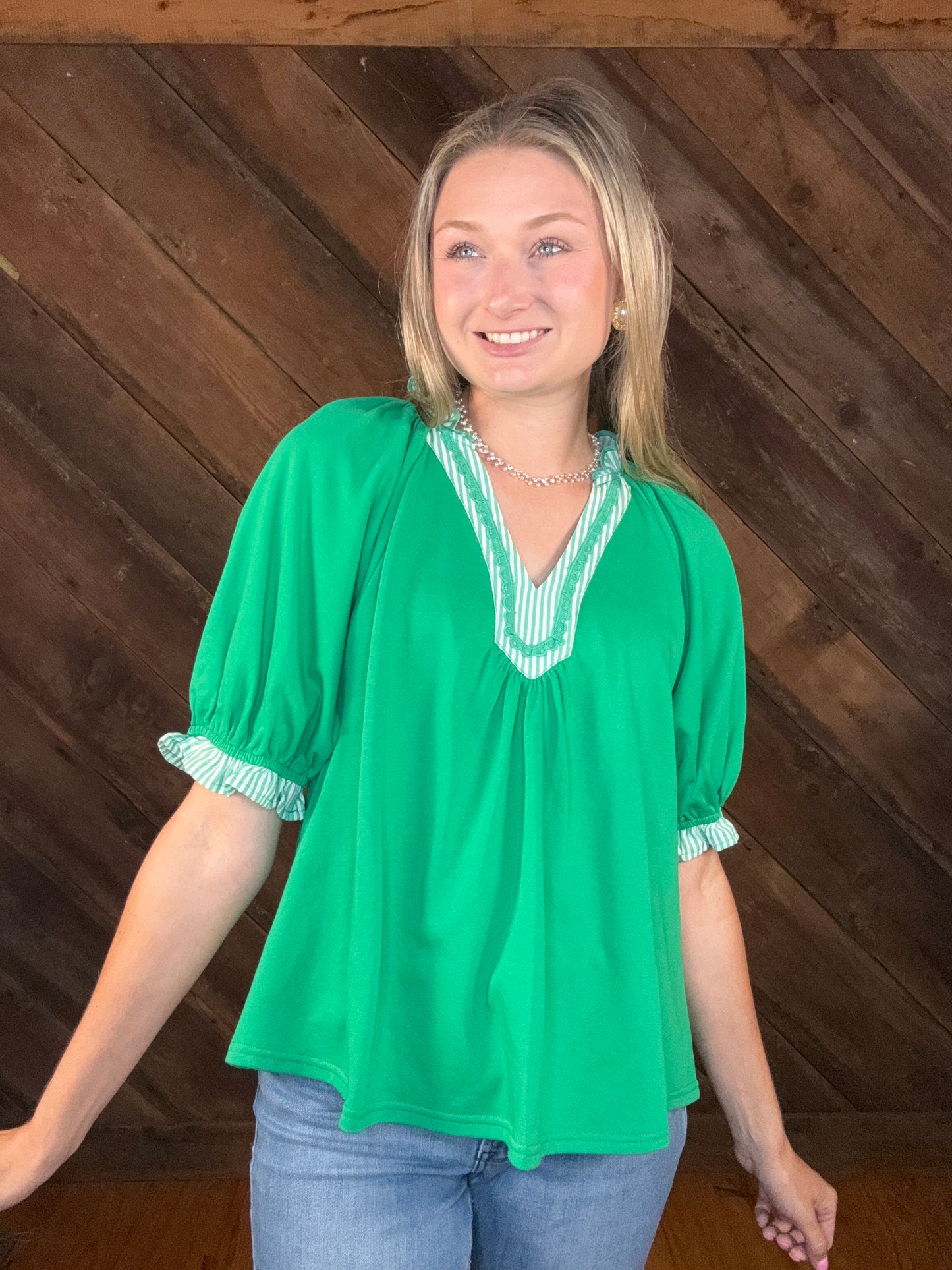 Makayla V Neck Puff Sleeve Green Top