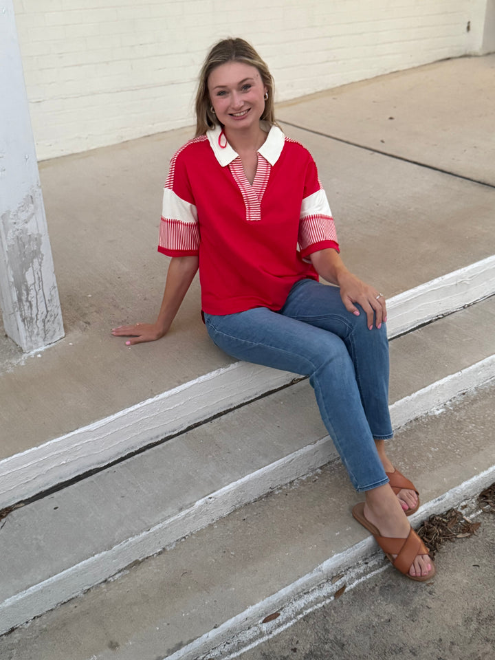 Gail Red Collared Striped Top