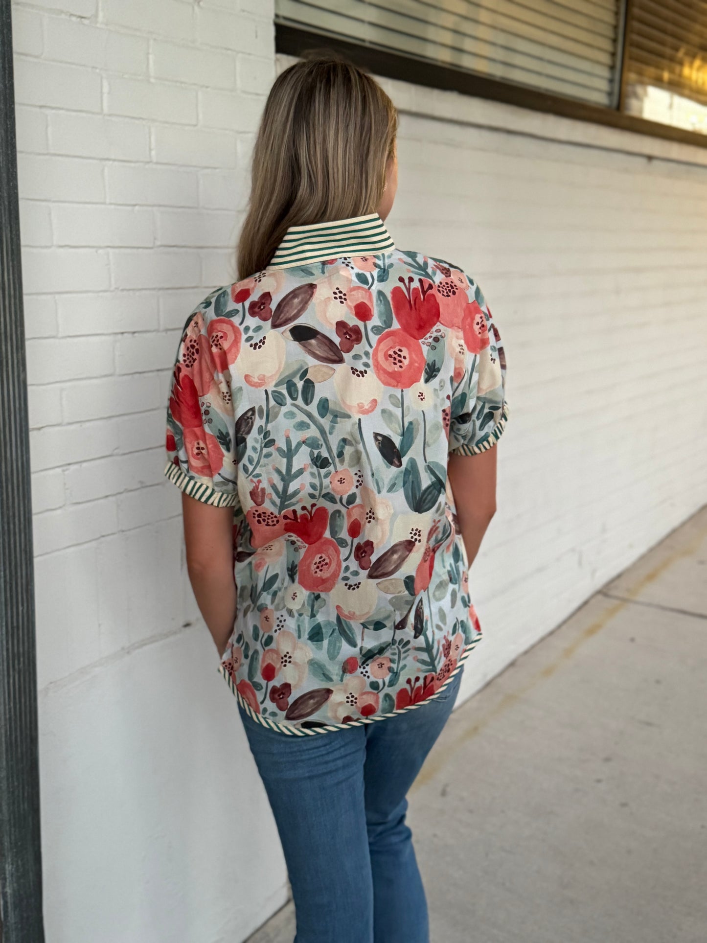 In Bloom Blue Collar Cotton Top
