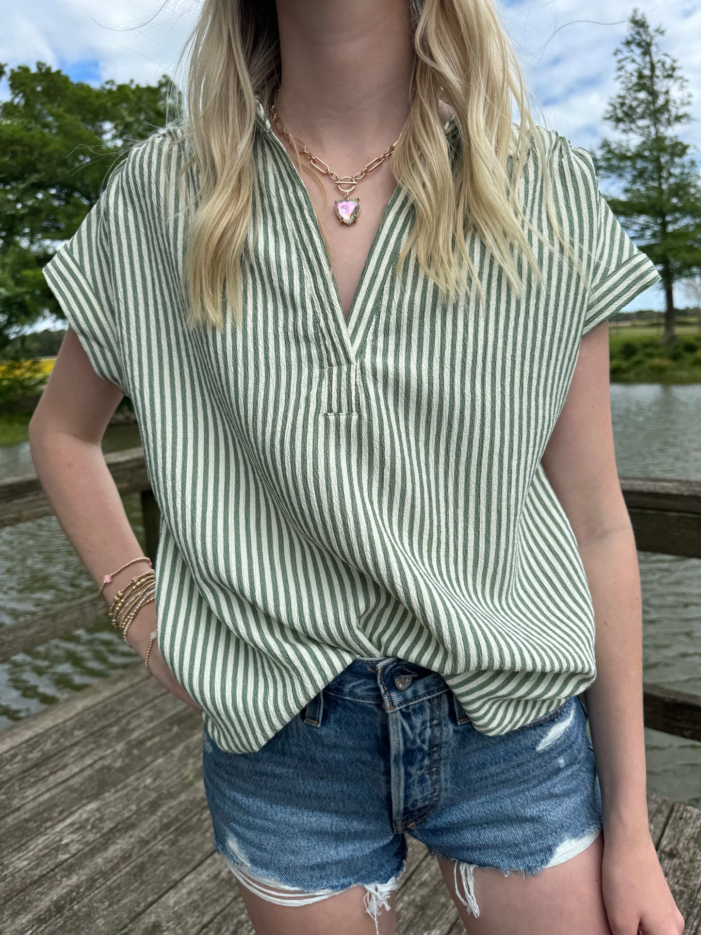 Tyra V Neck Green Collar Top