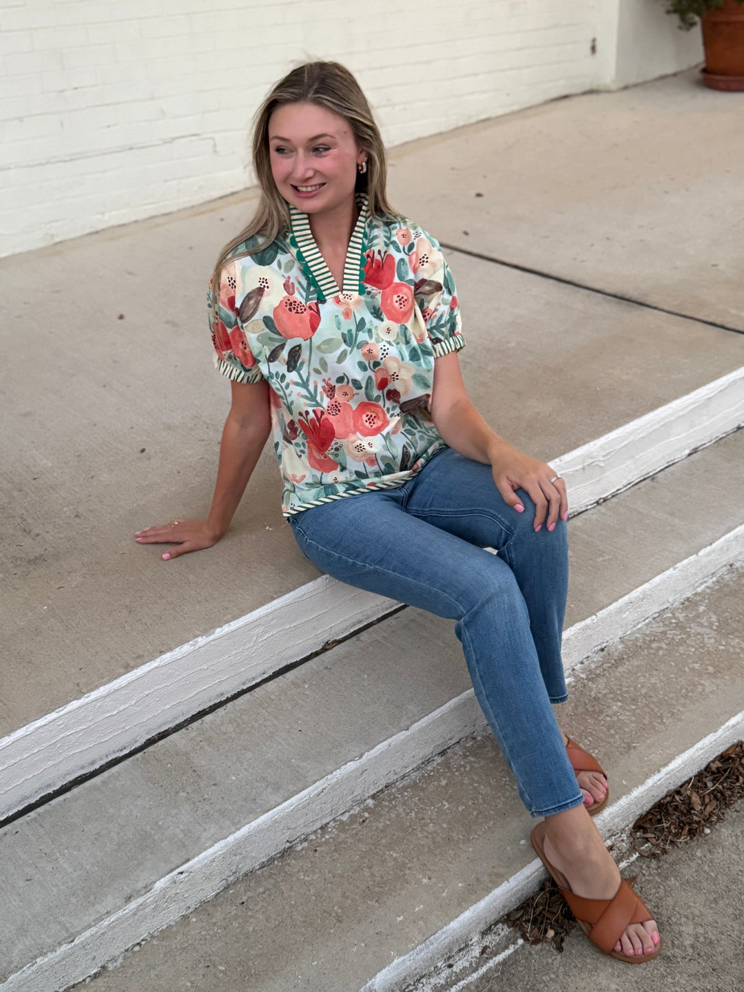 In Bloom Blue Collar Cotton Top