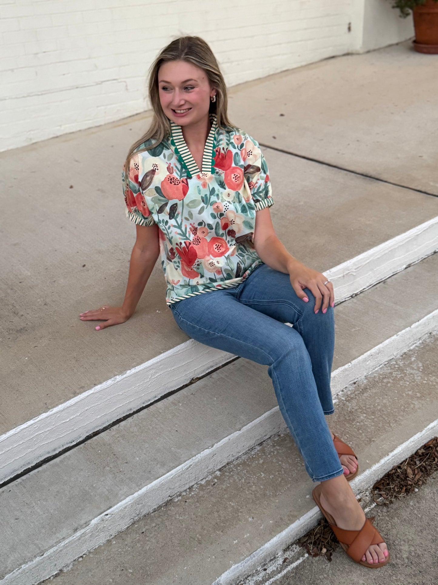 In Bloom Blue Collar Cotton Top