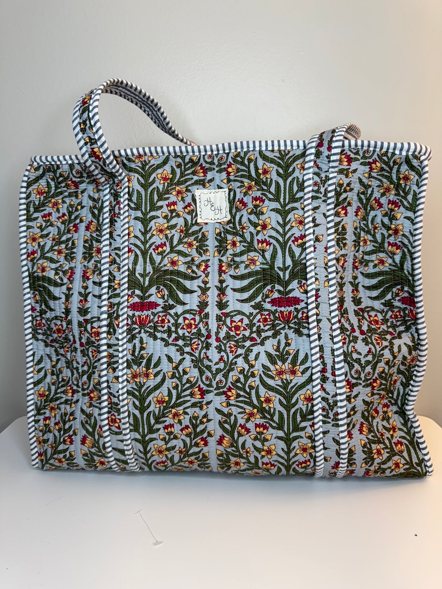 Blue Floral Quilted Tote Bag