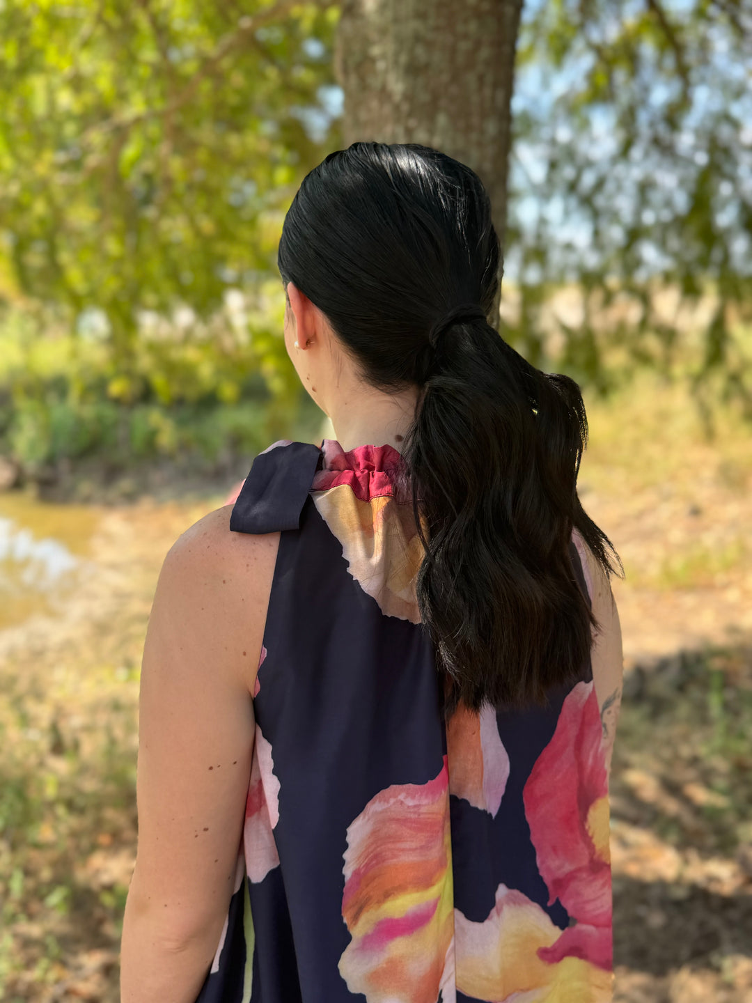 Eva Navy Tie Neck Floral Dress