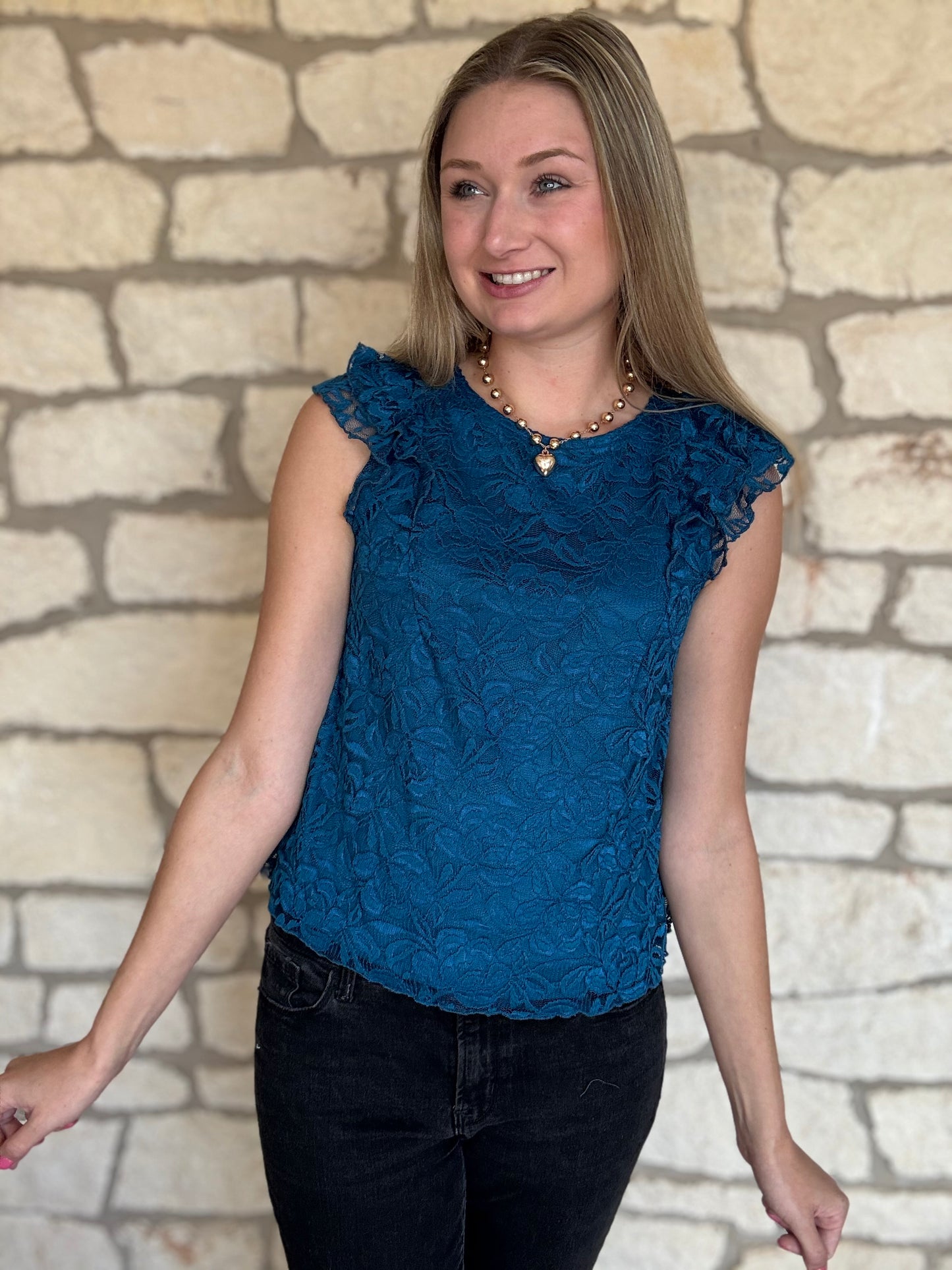 Alyssa Blue Lace Flutter Sleeve Top