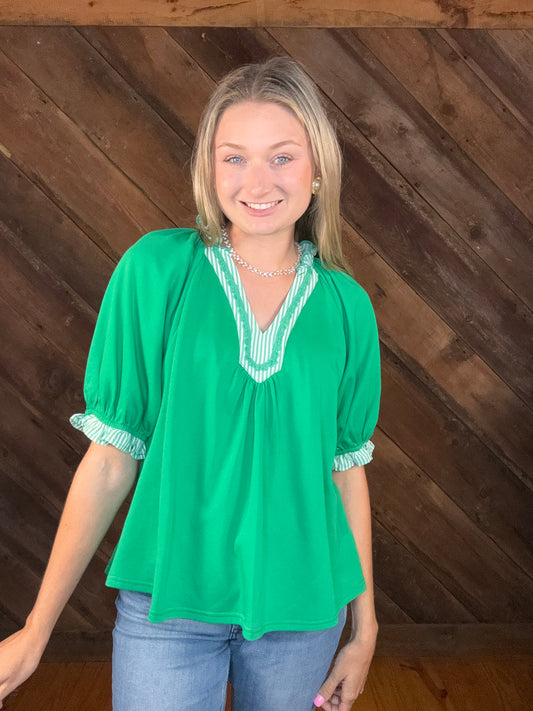 Makayla V Neck Puff Sleeve Green Top