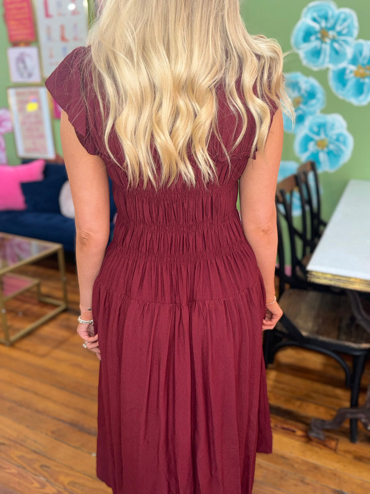 PREORDER Falling Leaves Maroon Scoop Neck Dress