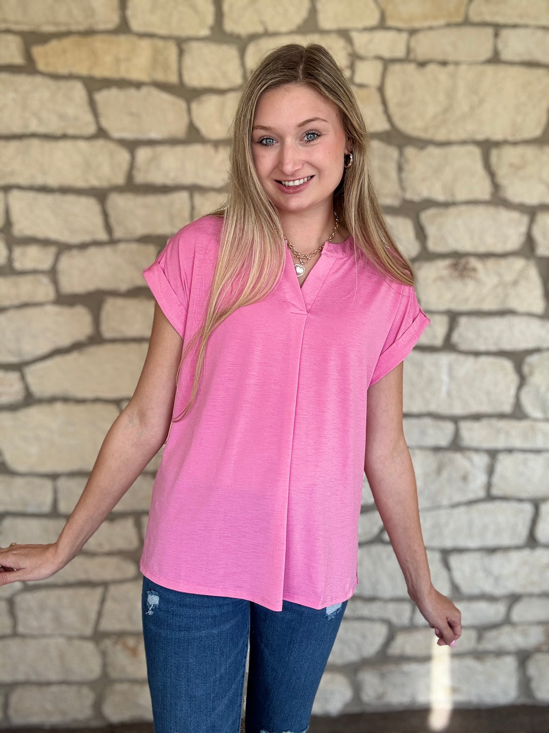 Bubble Gum Split Neck Top