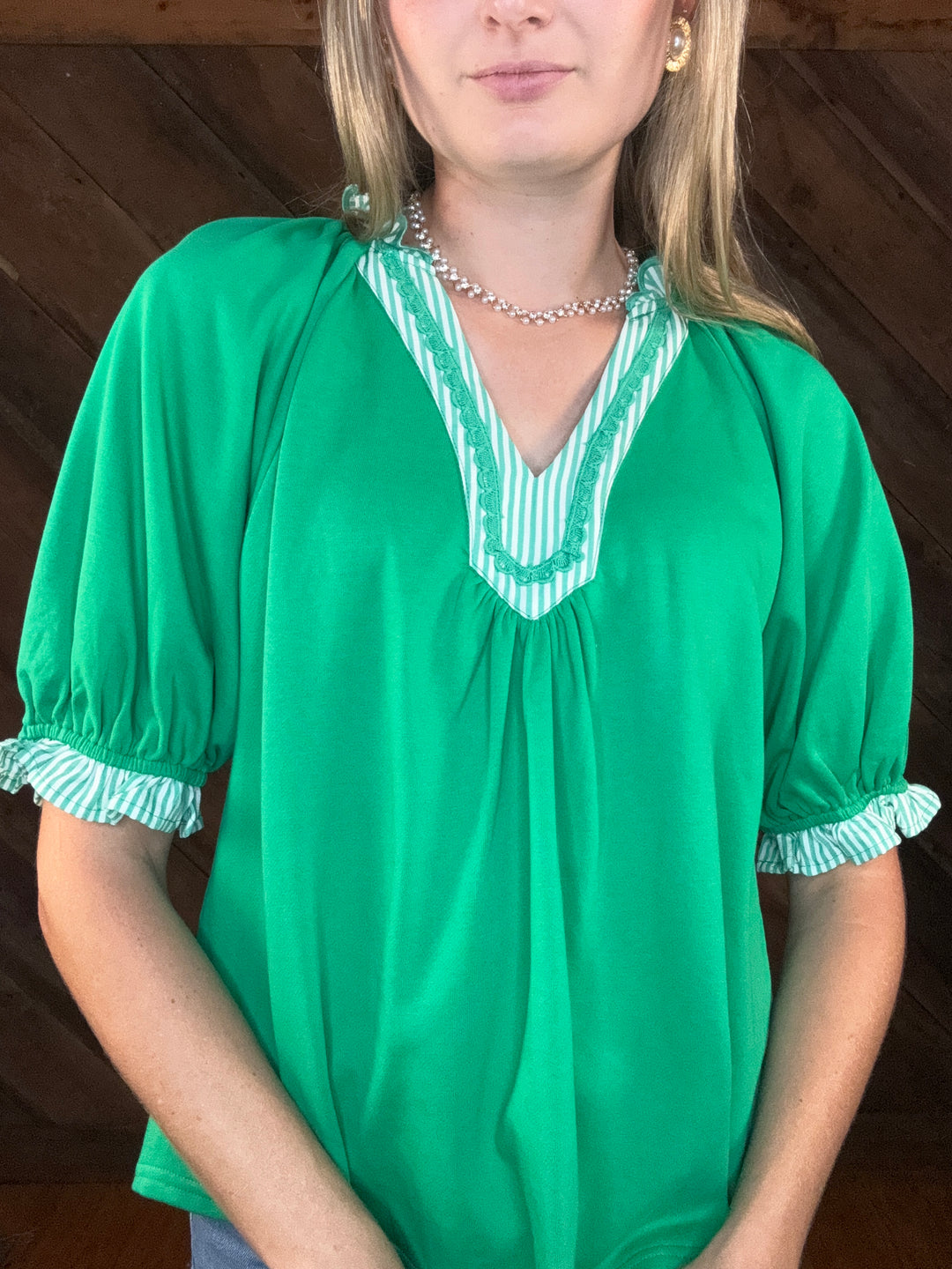Makayla V Neck Puff Sleeve Green Top