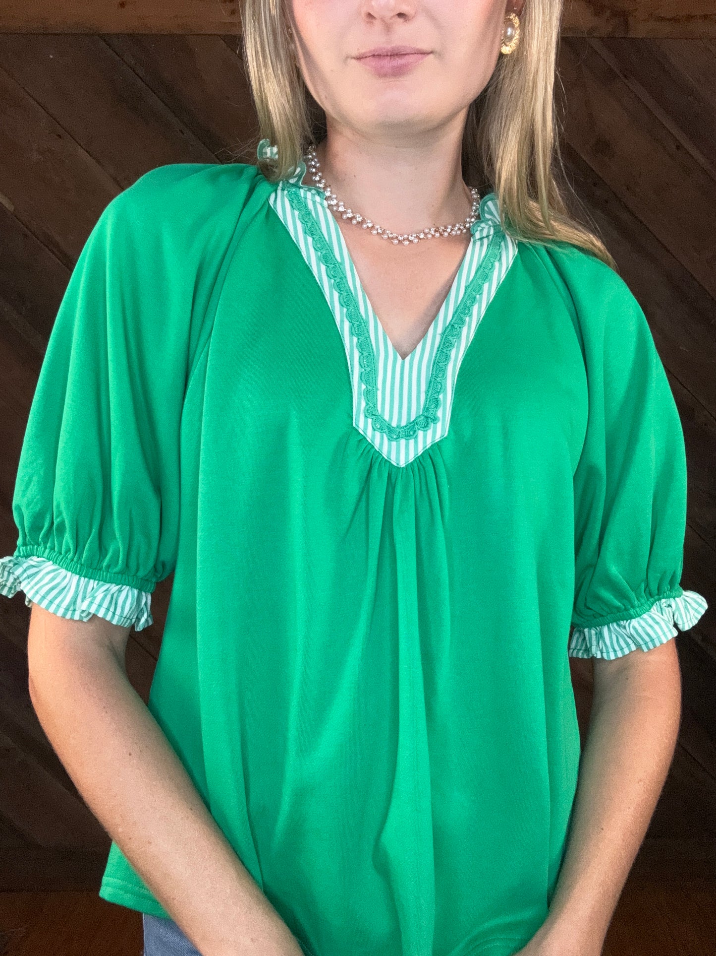 Makayla V Neck Puff Sleeve Green Top