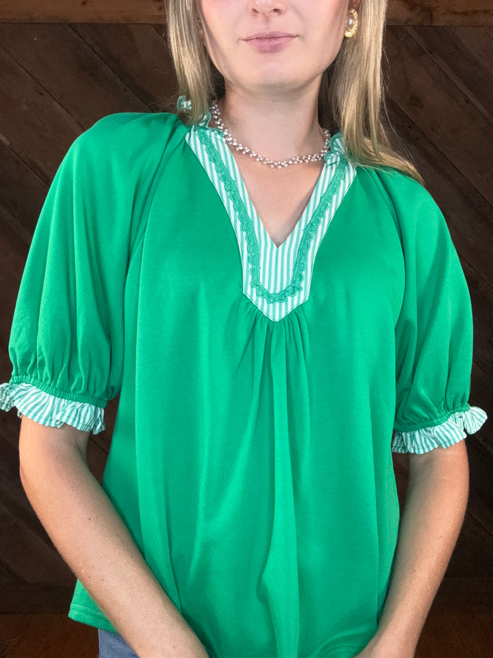 Makayla V Neck Puff Sleeve Green Top