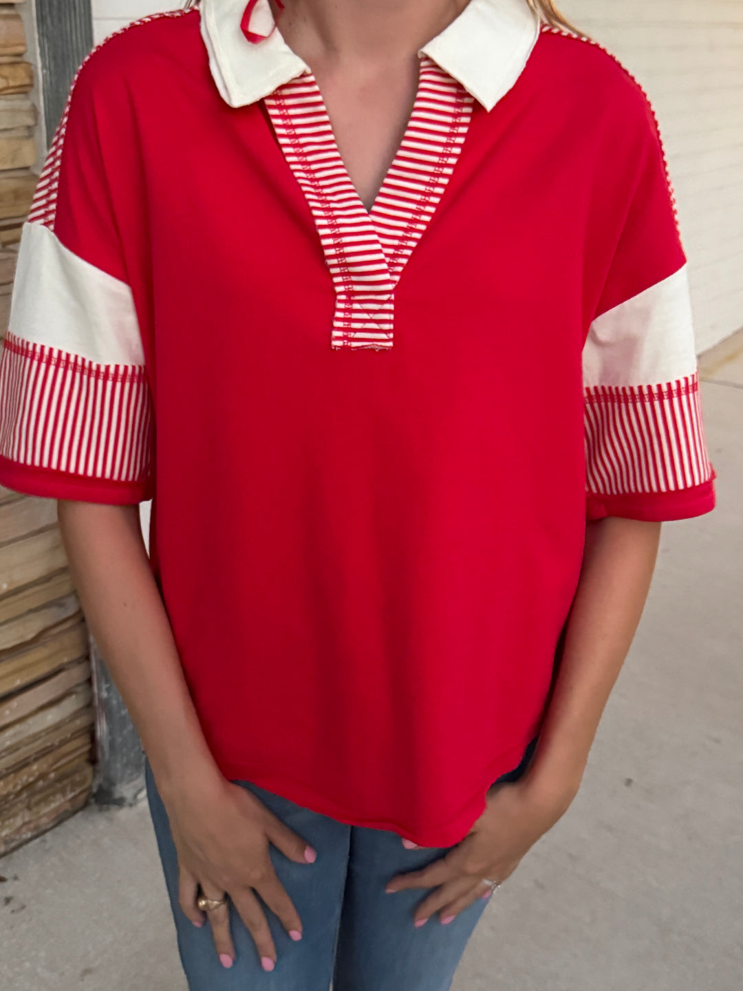 Gail Red Collared Striped Top