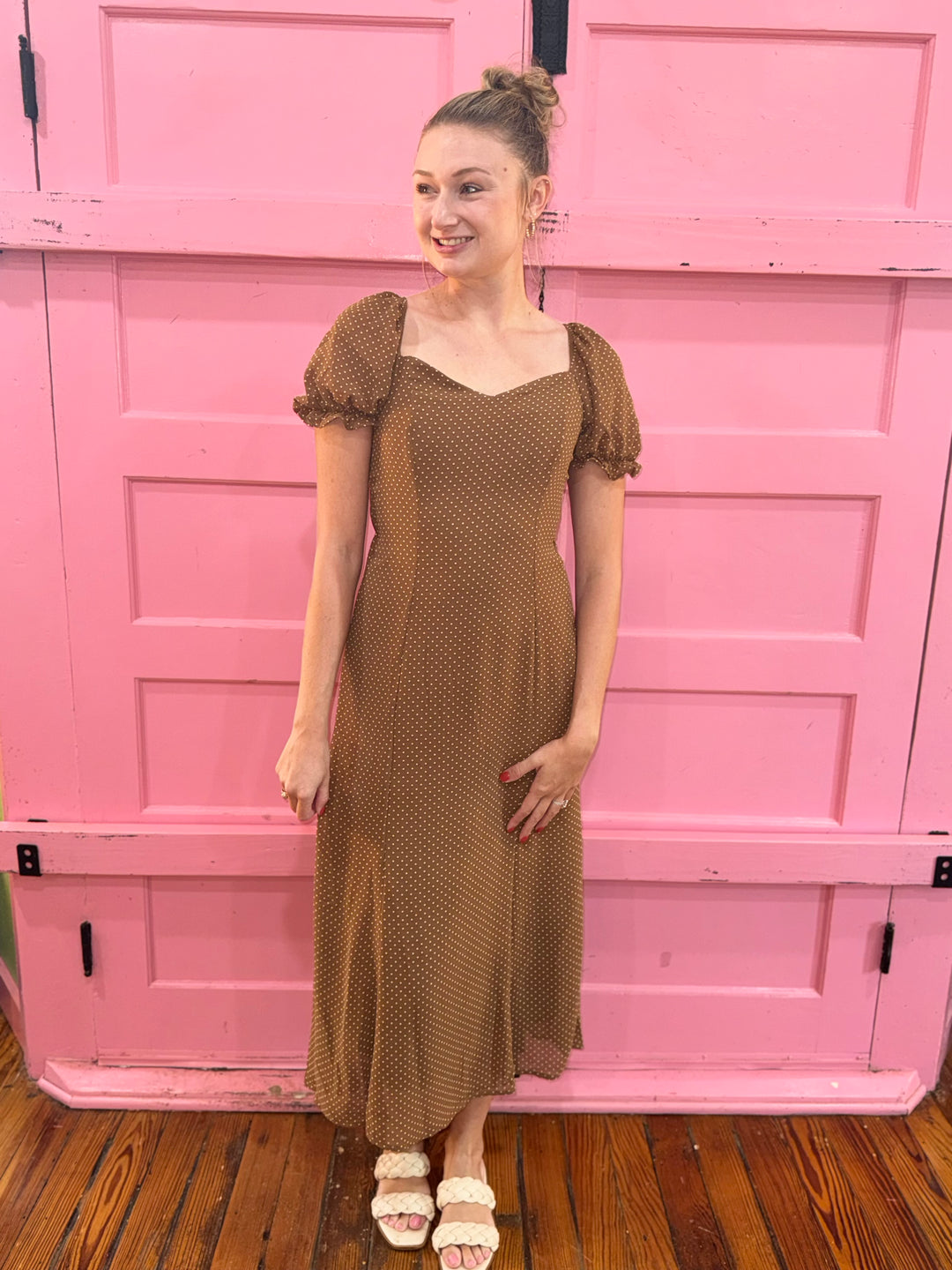 Nina Brown Polka Dot Midi Dresss