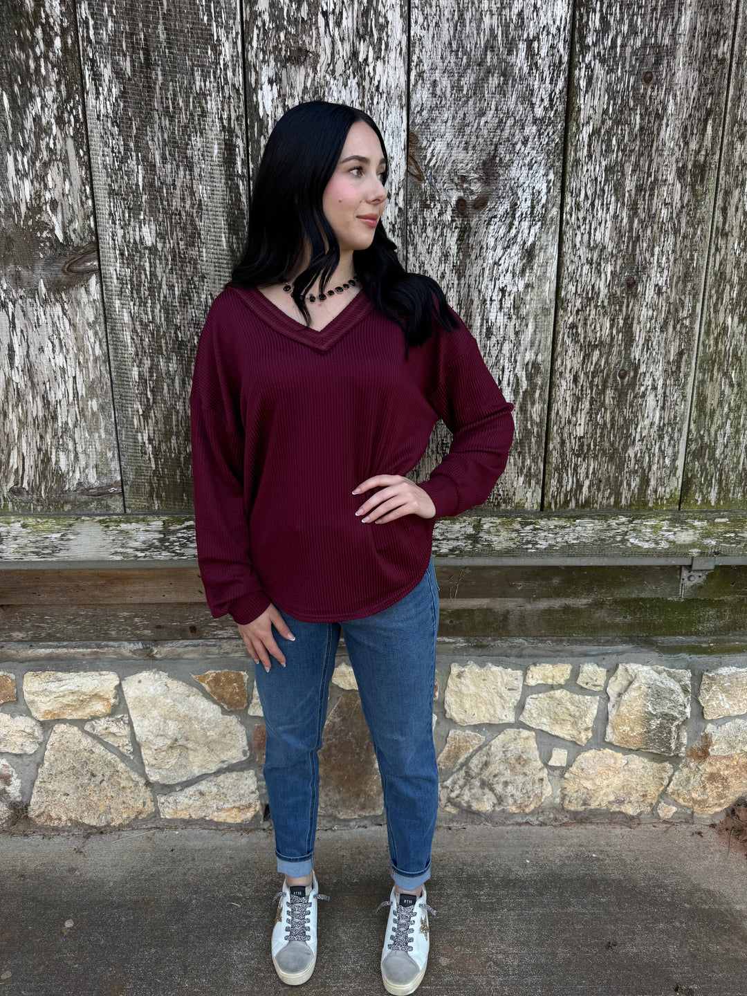 Kelsey Maroon Ribbed Long Sleeve Top