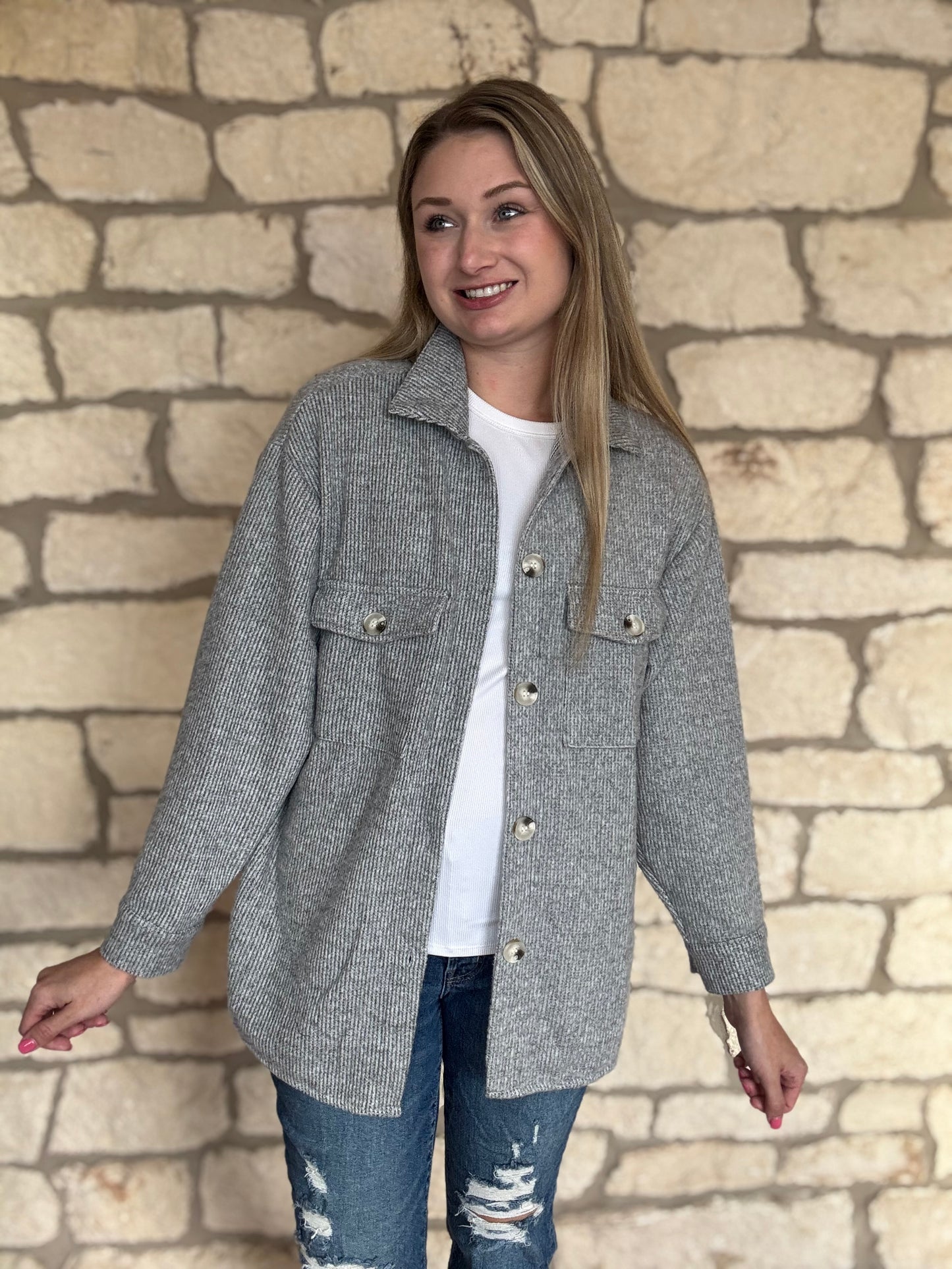 Grey Button Up Collared Shacket