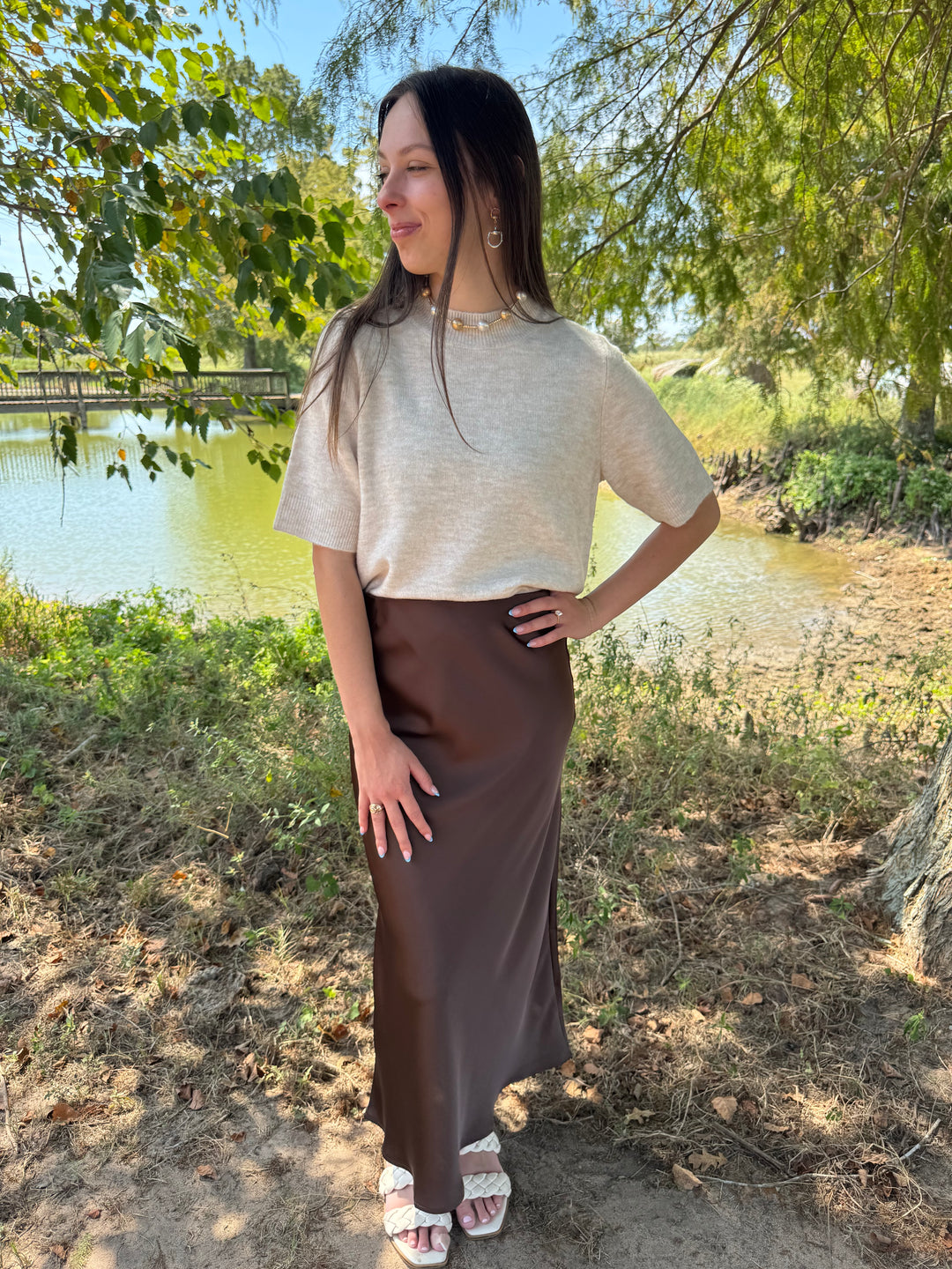 Elsie Brown Satin Midi Skirt