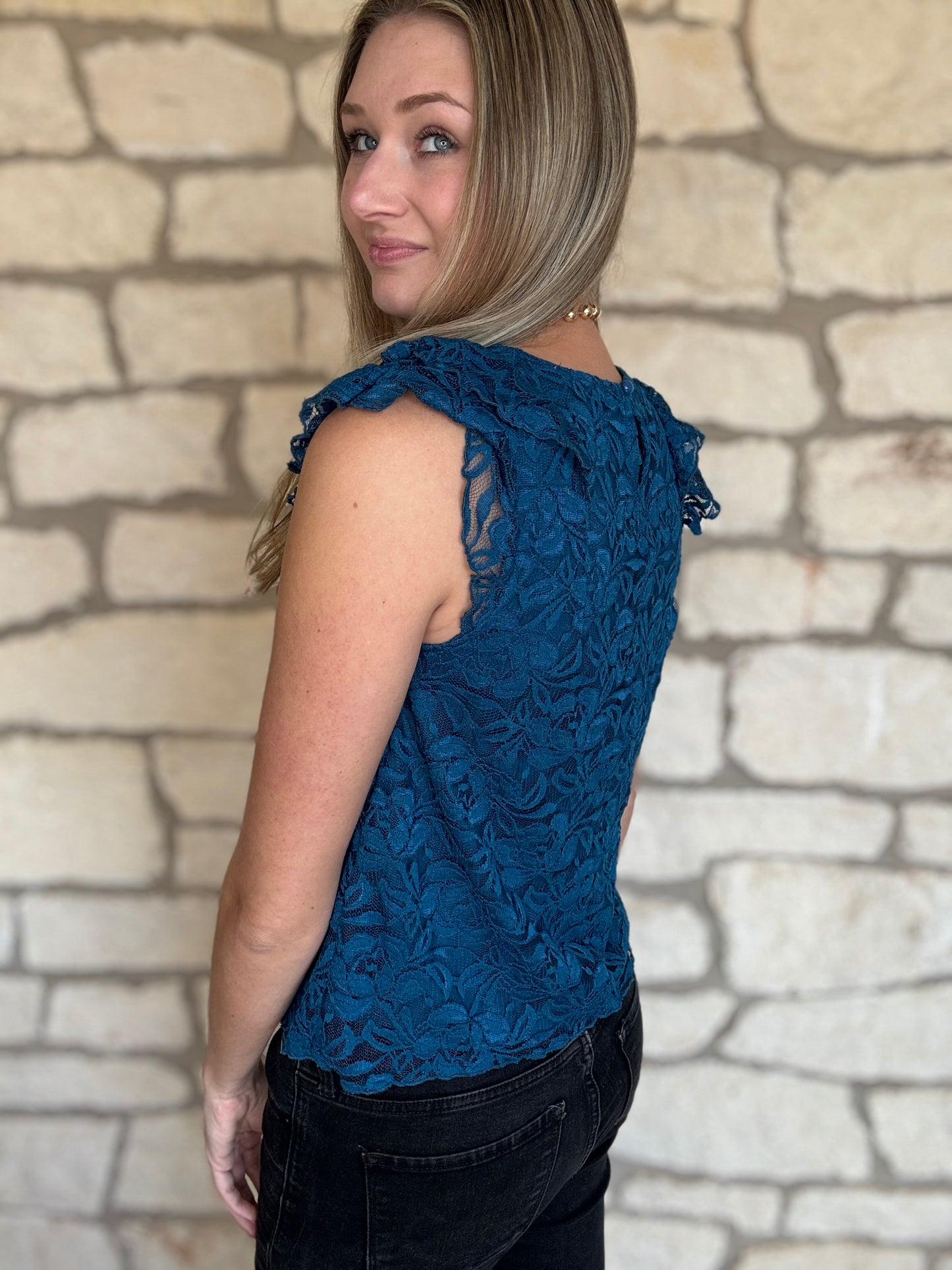 Alyssa Blue Lace Flutter Sleeve Top