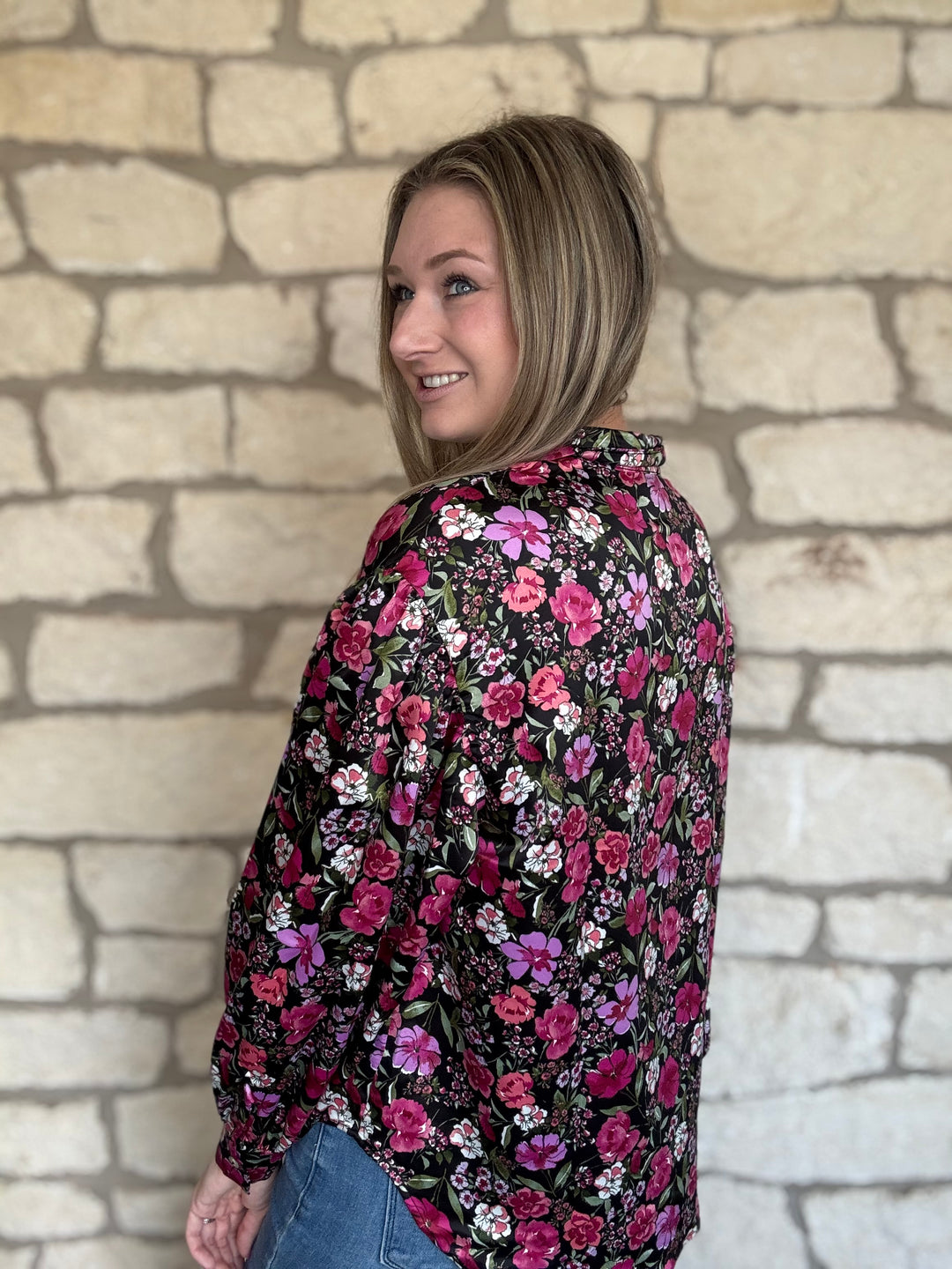 Ali Floral Long Sleeve Satin Top