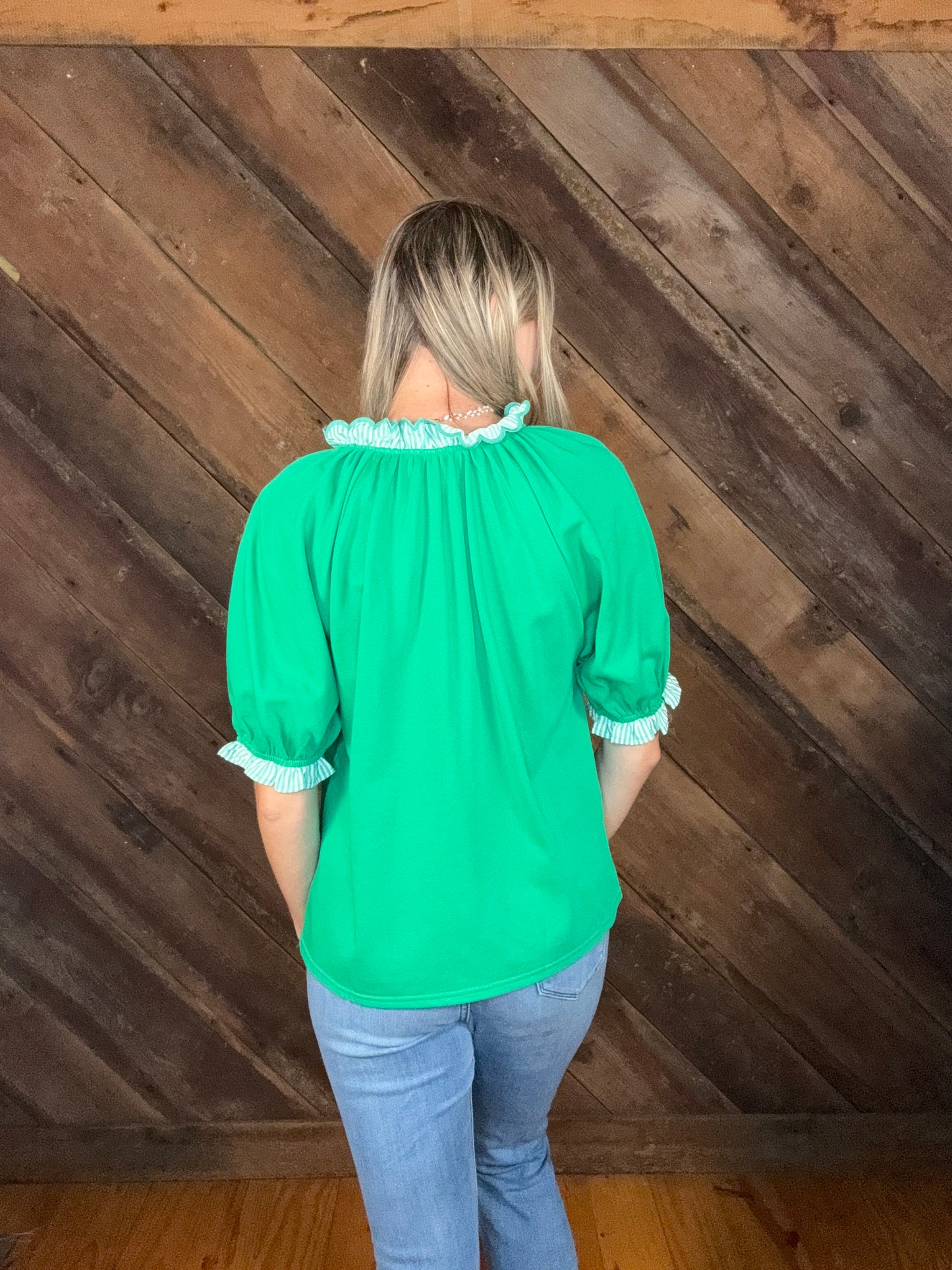Makayla V Neck Puff Sleeve Green Top