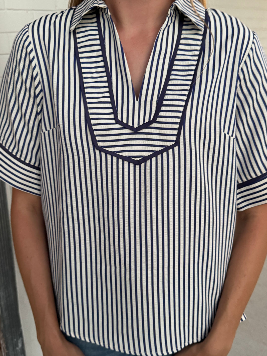 Lainey Blue Collared Stripe Top
