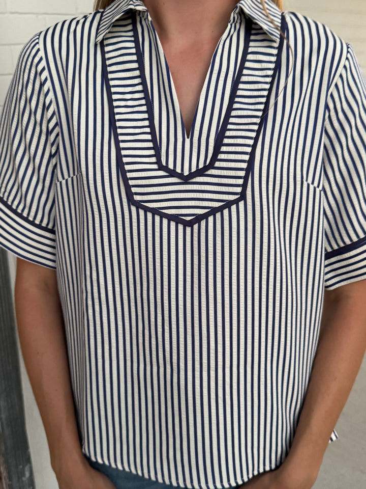 Lainey Blue Collared Stripe Top