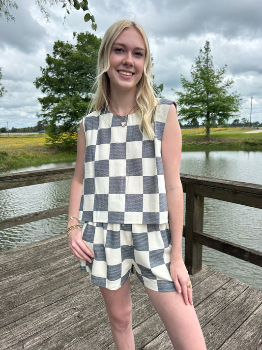 Rosa Navy Checkered Short Set