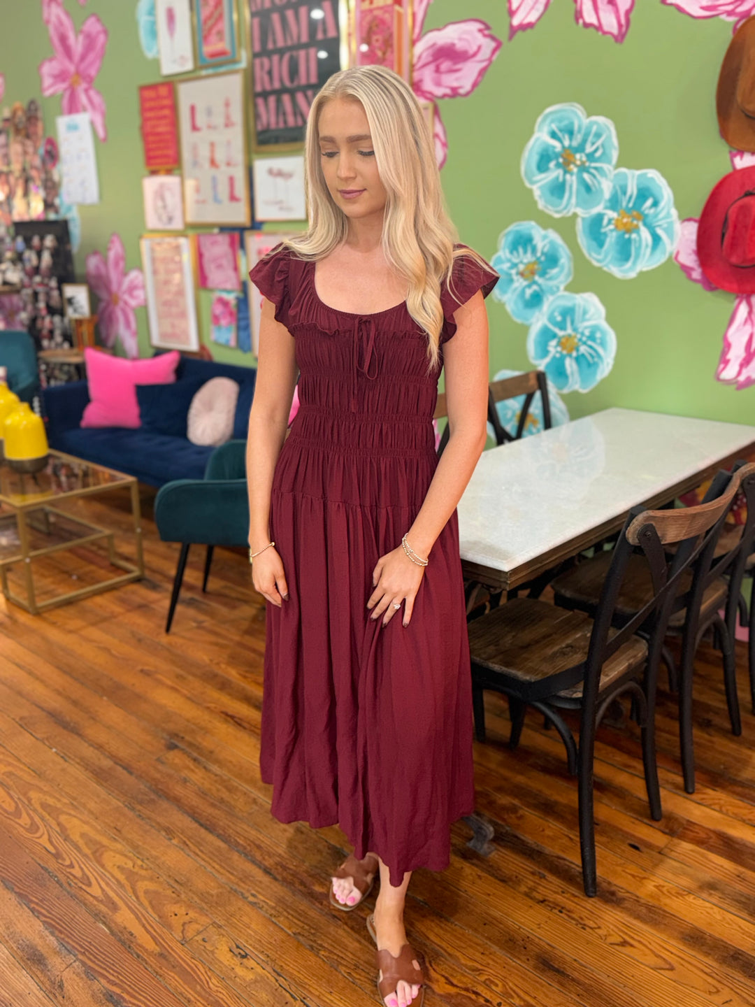 PREORDER Falling Leaves Maroon Scoop Neck Dress