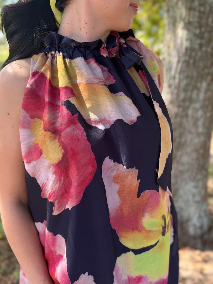 Eva Navy Tie Neck Floral Dress