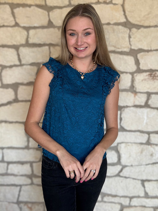 Alyssa Blue Lace Flutter Sleeve Top