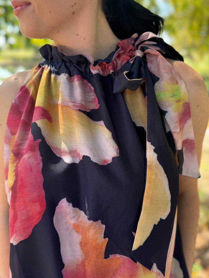 Eva Navy Tie Neck Floral Dress