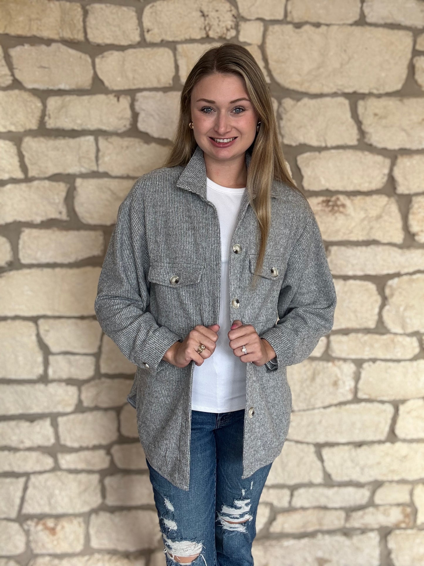 Grey Button Up Collared Shacket