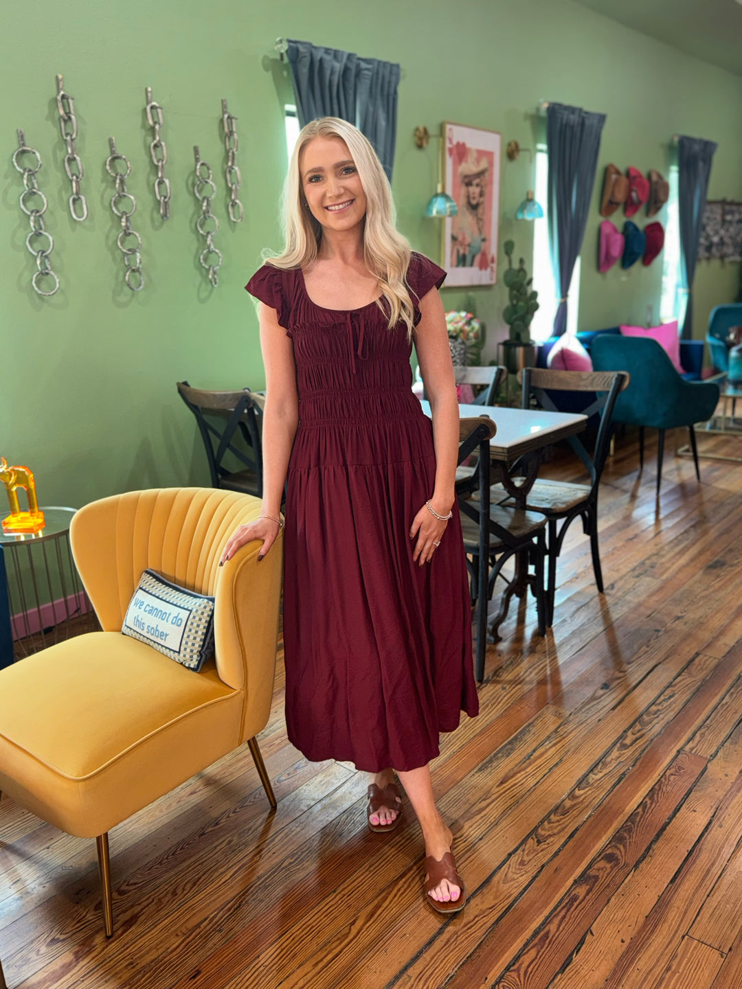 PREORDER Falling Leaves Maroon Scoop Neck Dress