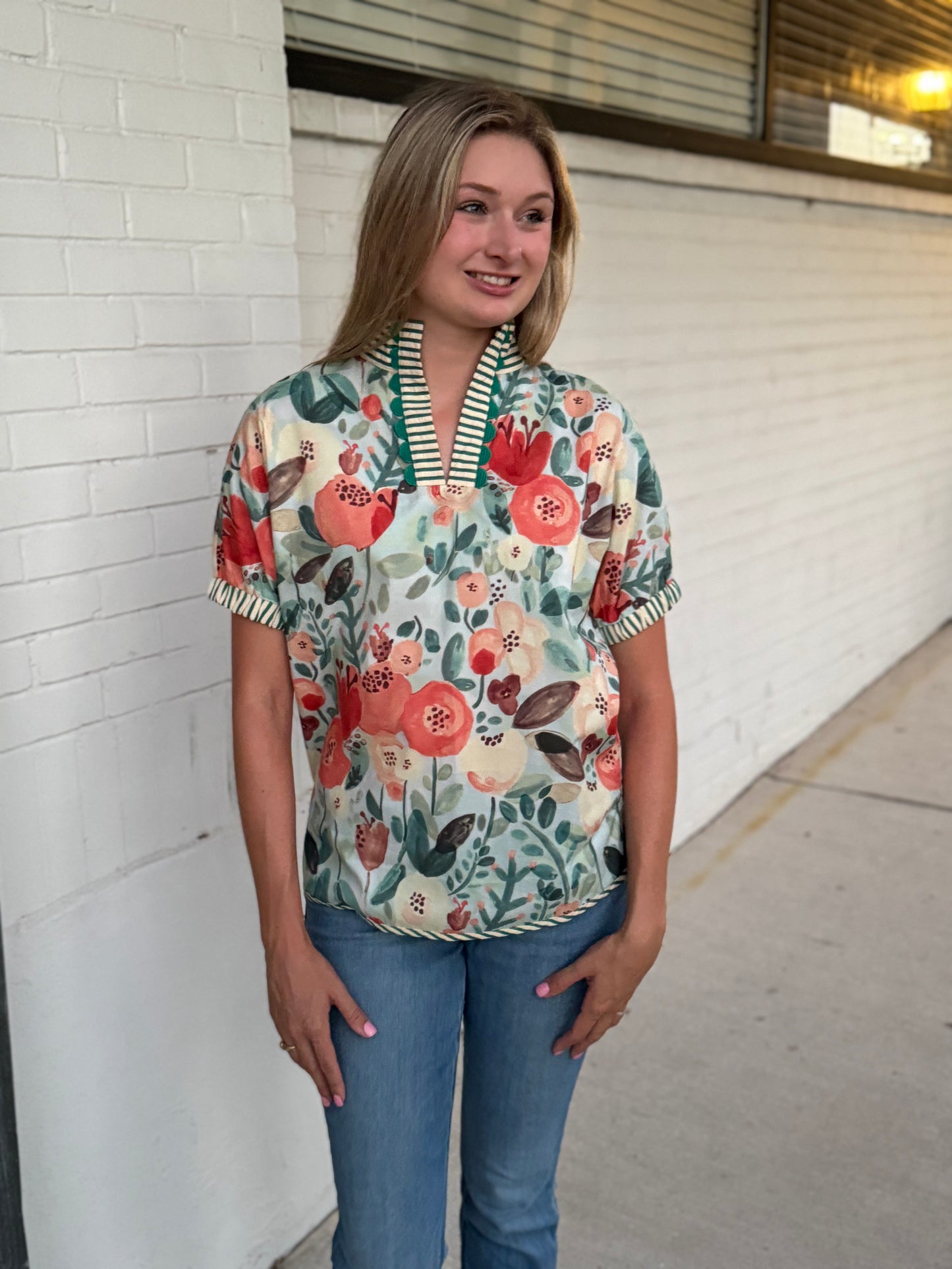 In Bloom Blue Collar Cotton Top