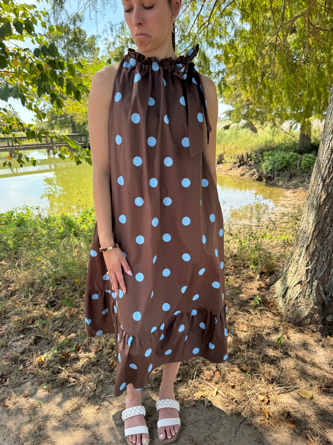 Dana Brown Tie Polka Dot Dress