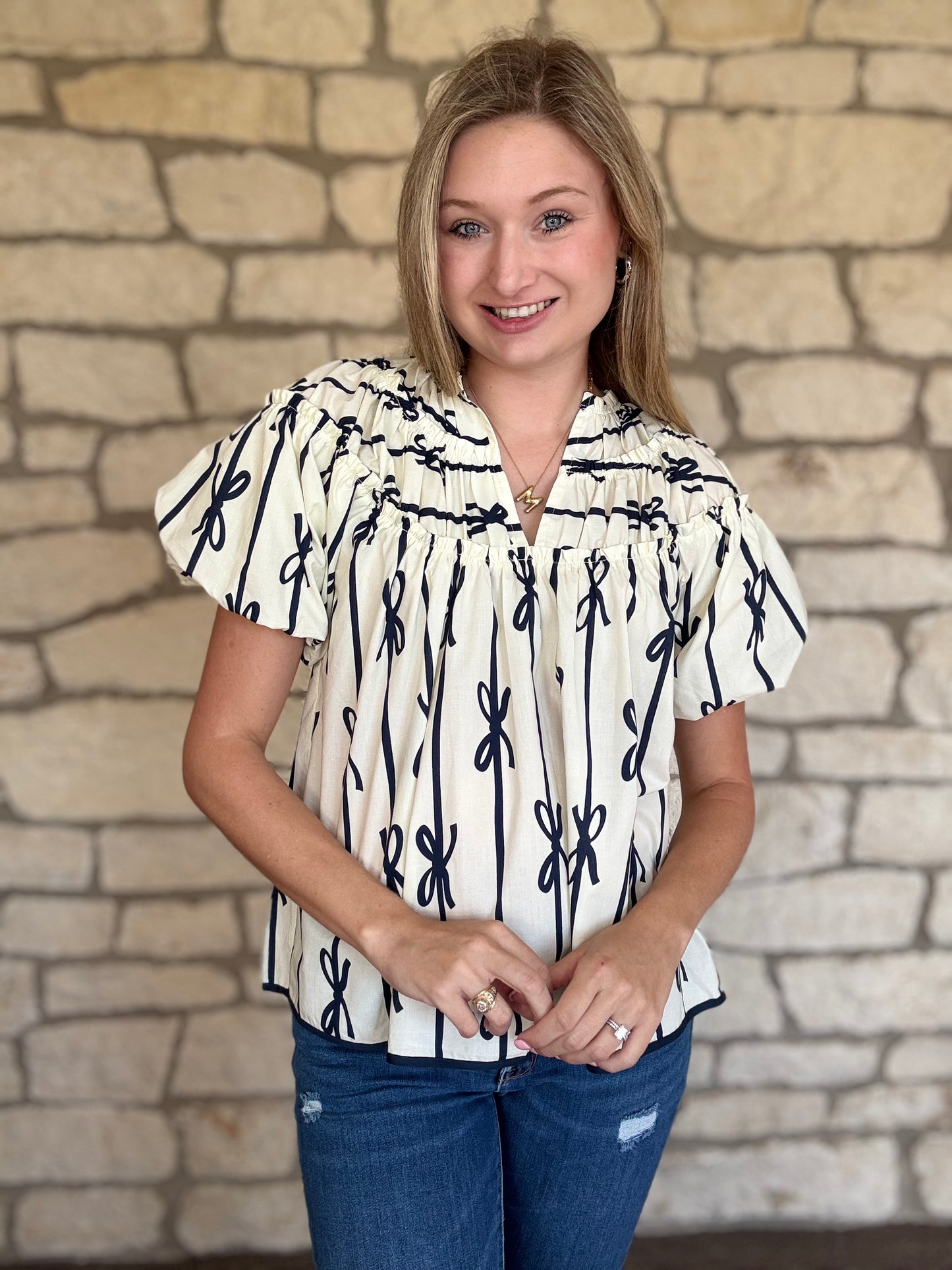 White and Navy Bow Top