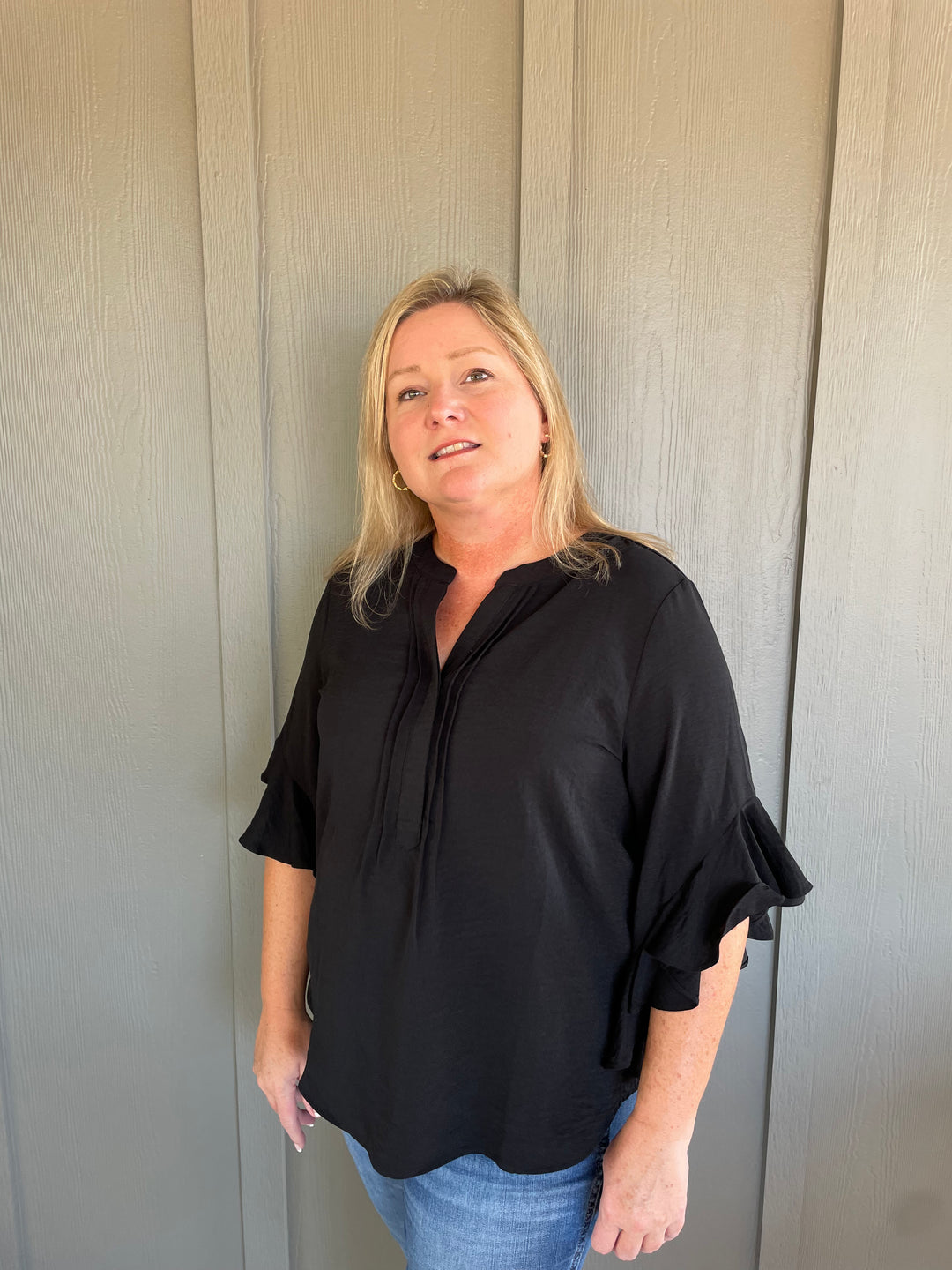Give Me Coffee Black Ruffle Sleeve Top