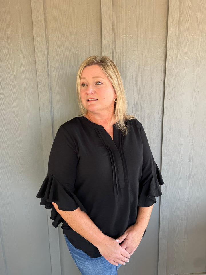 Give Me Coffee Black Ruffle Sleeve Top