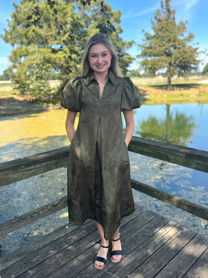 Gina Olive Puff Sleeve Midi Dress